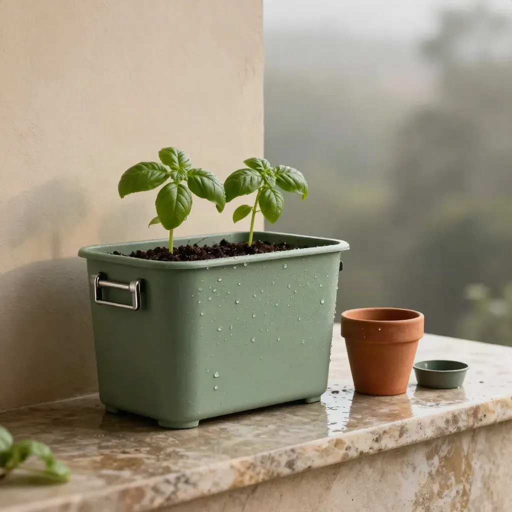 Mosgroene balkonbak met basilicum, terracotta potje en waterinzet op natte steen.