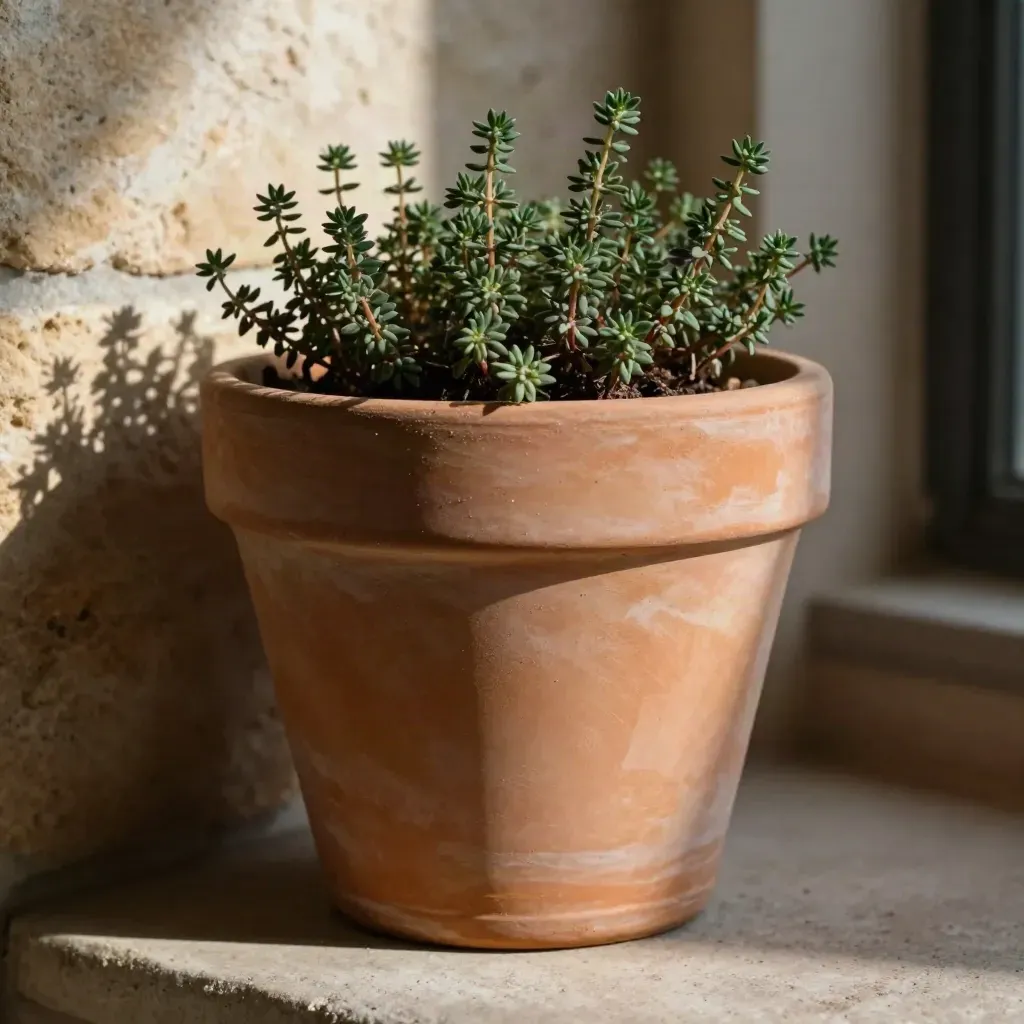 Close-up van terracotta hoekplanter met tijm op een lichte stenen balkonhoek.