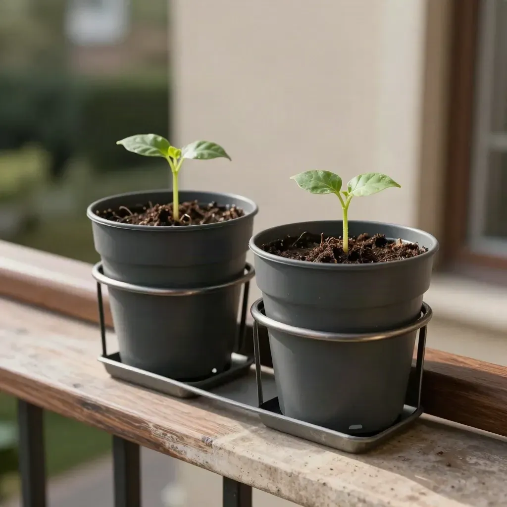 Twee antracietkleurige relingpotten met steunen en jonge kiemplantjes op een balkonrand.