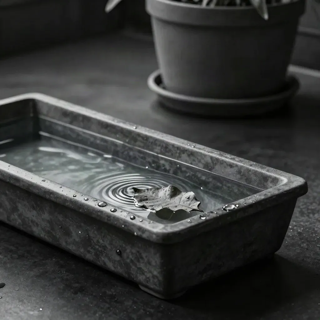 Wateropvangschotel met stil water en één blad, dramatisch uitgelicht op donkere studioachtergrond.